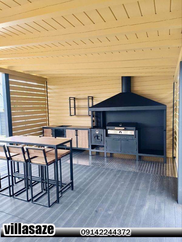 باربیکیو ذغالی ویلایی در آلاچیق چوبی فلزی
