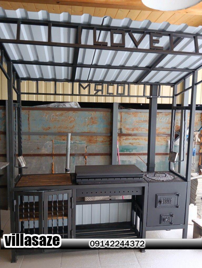 باربیکیو ذغالی ویلایی در آلاچیق فلزی چوبی فضای باز