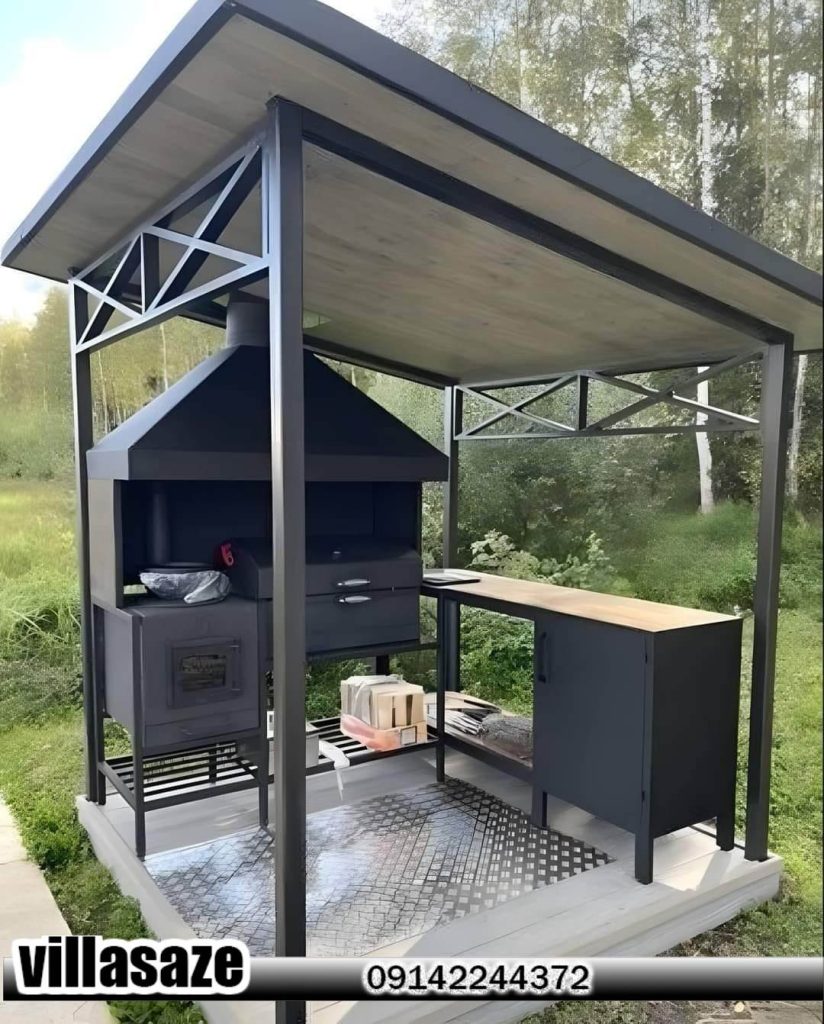 باربیکیو ذغالی ویلایی در آلاچیق فلزی چوبی فضای باز