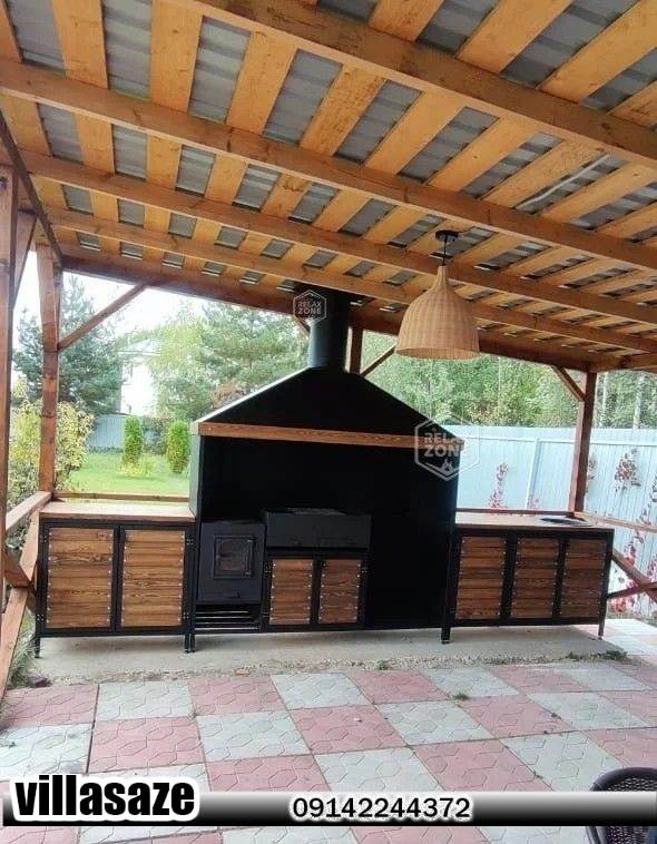 باربیکیو ذغالی ویلایی در آلاچیق چوبی فلزی 