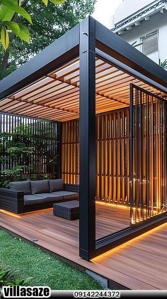 آلاچیق فلزی با چیدمان مبلمان فضای باز