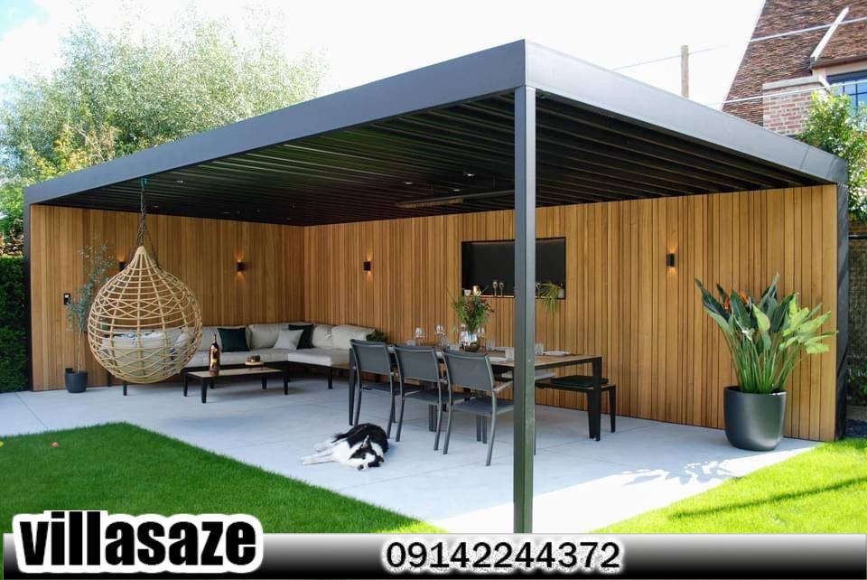 آلاچیق فلزی با چیدمان مبلمان فضای باز و تاب ریلکسی