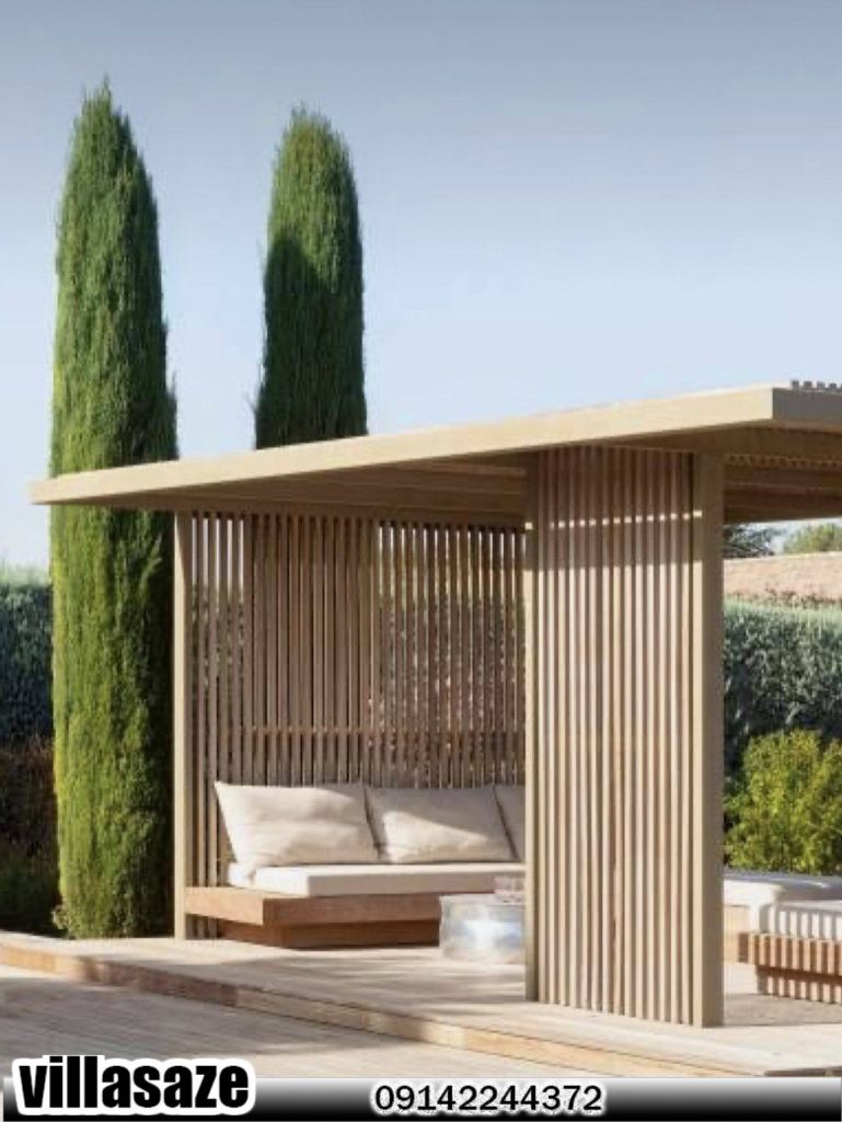 آلاچیق مدرن چوبی فضای باز همراه مبلمان فضای باز