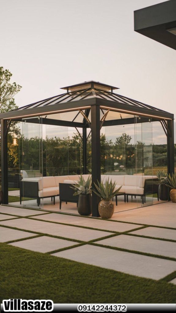 آلاچیق فلزی با چیدمان مبلمان فضای باز