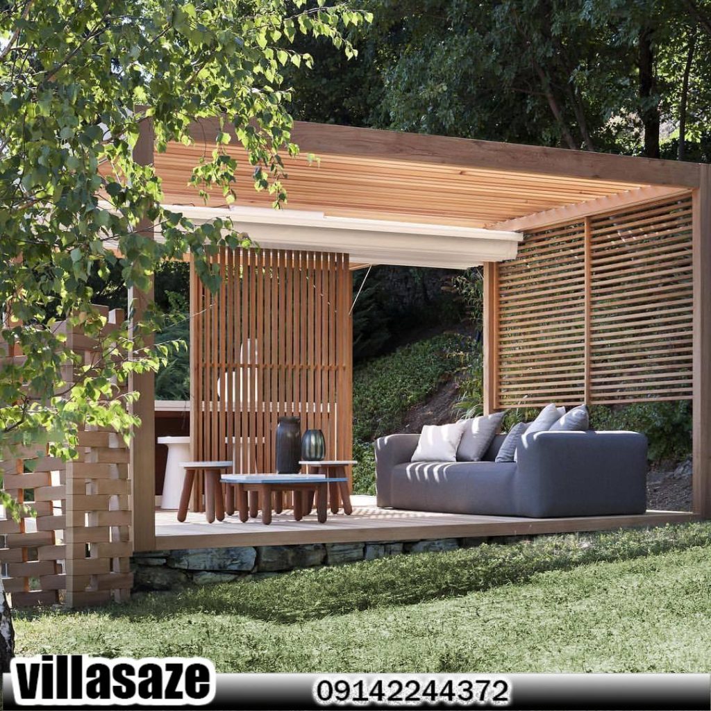 آلاچیق مدرن فلزی با چیدمان مبلمان فضای باز