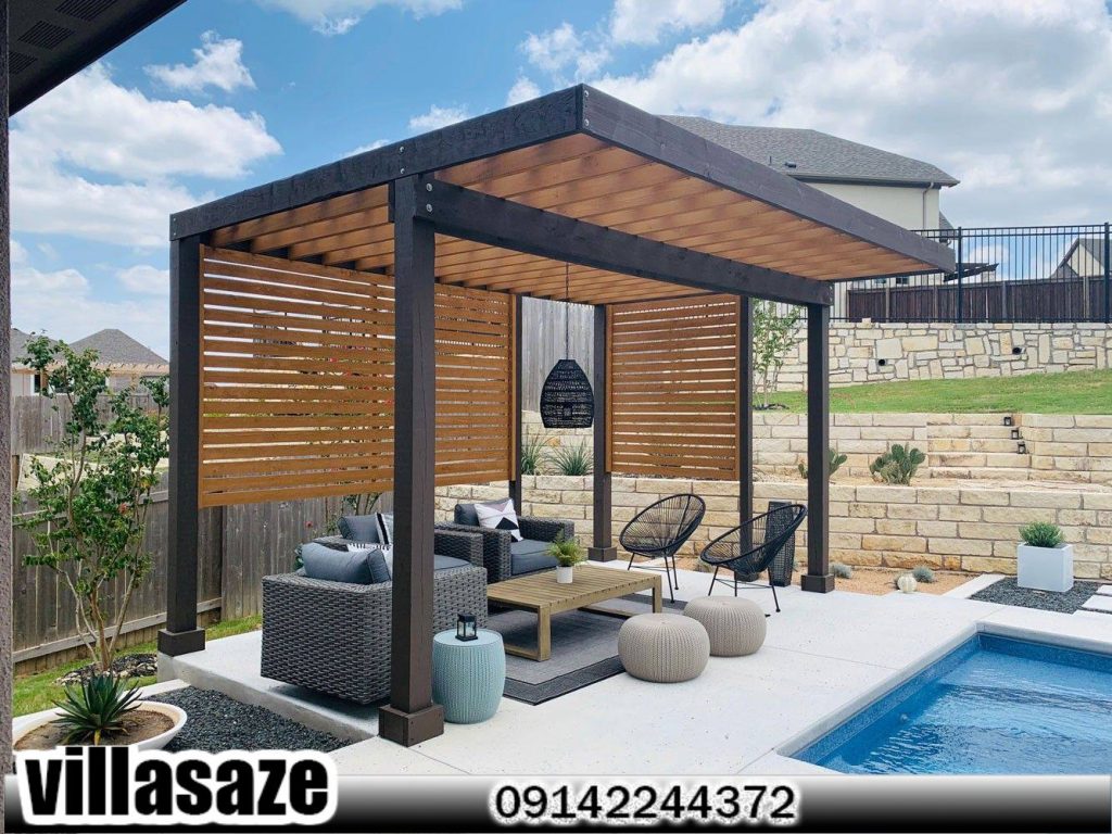 آلاچیق فلزی با چیدمان مبلمان فضای باز